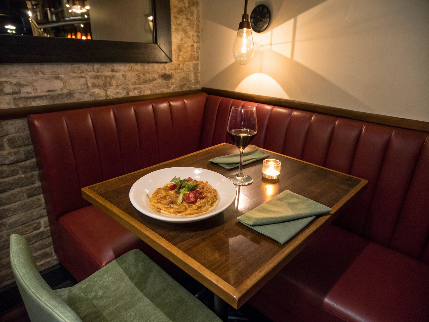 Intimate private dining booth with ambient candlelight and elegant glassware