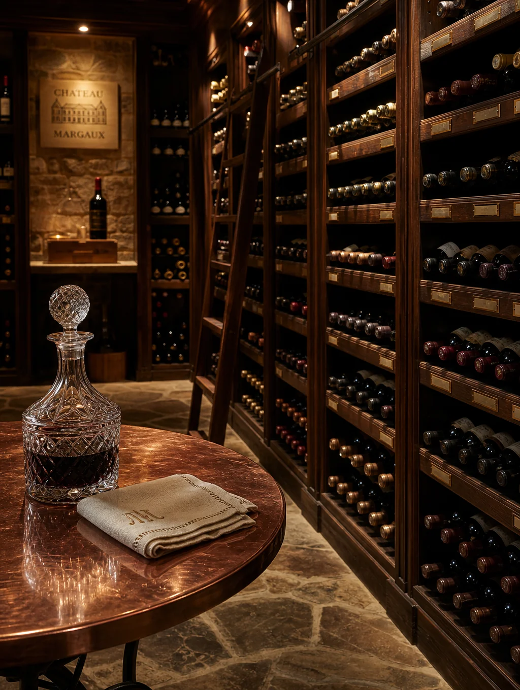 Subterranean vaulted stone wine cellar with candlelit tasting table