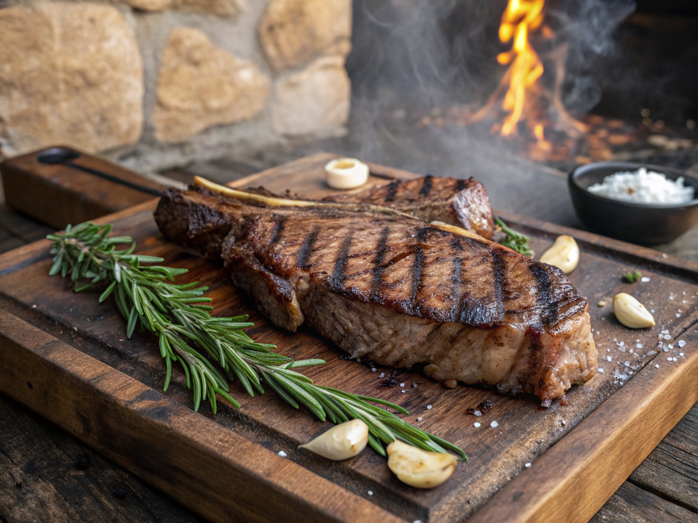 Prime dry-aged Florentine T-bone steak resting fresh off the glowing wood coals
