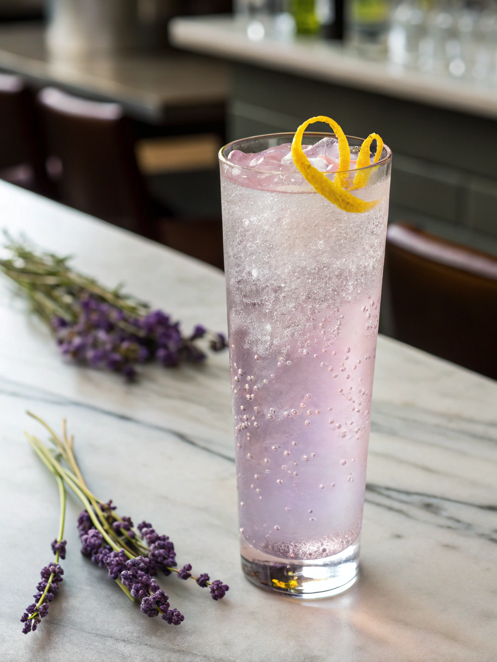 Effervescent golden cocktail garnished with fresh garden sage leaf and lemon peel