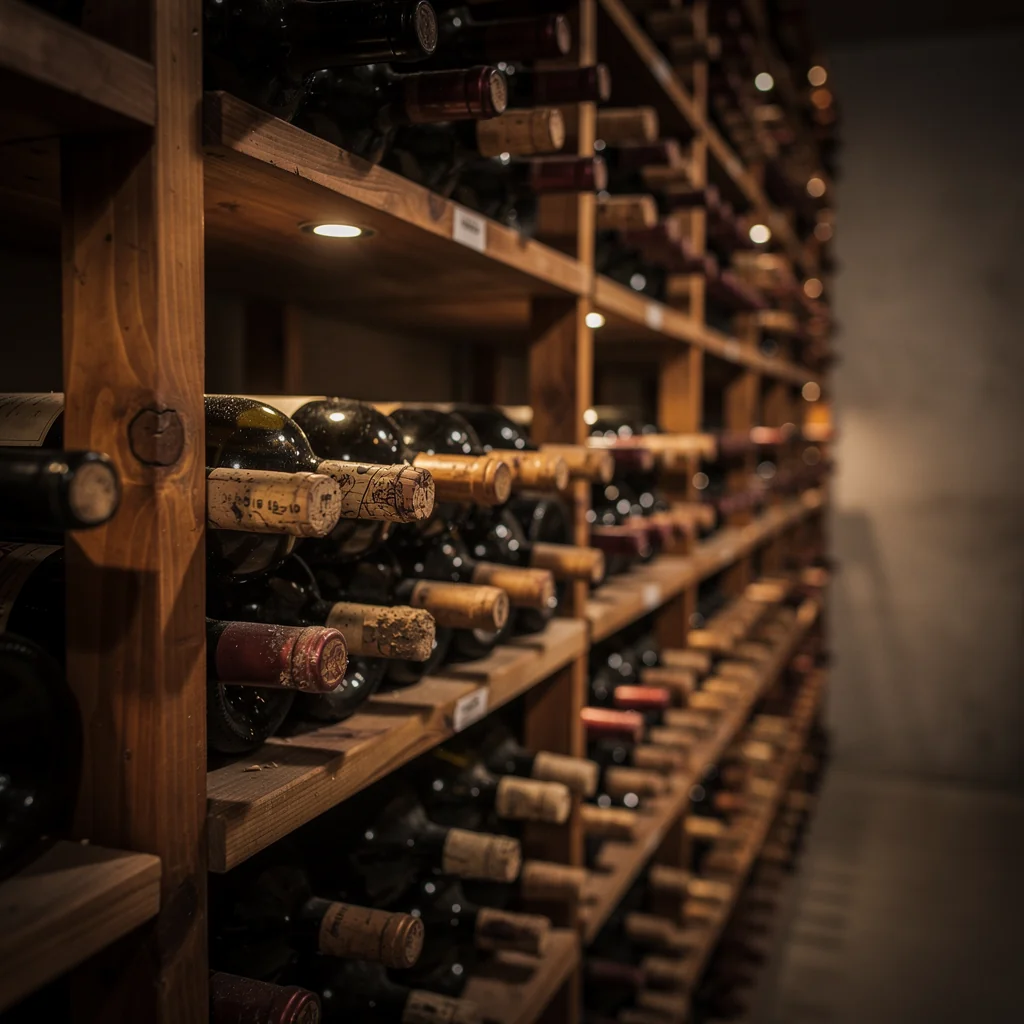 Arched brick wine cellar showcasing rare regional Italian vintages