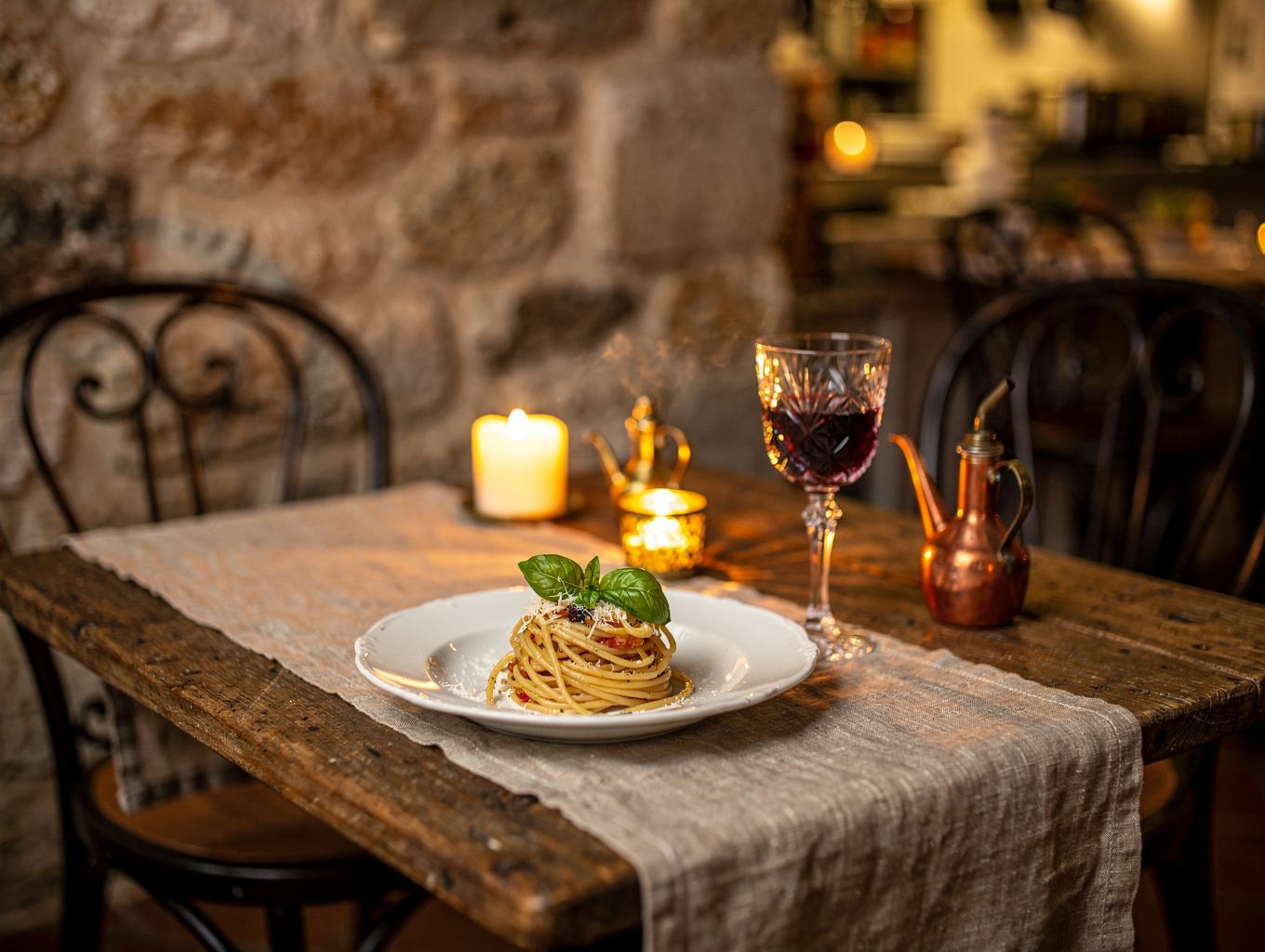 Cozy candlelit table setting at Olive and Ember