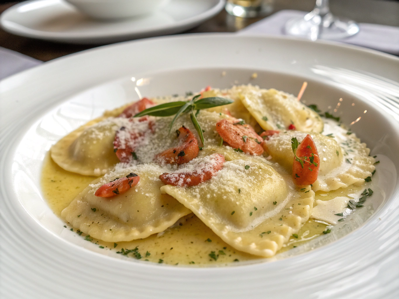 Delicate golden pinched lobster agnolotti pillows in a saffron sauce