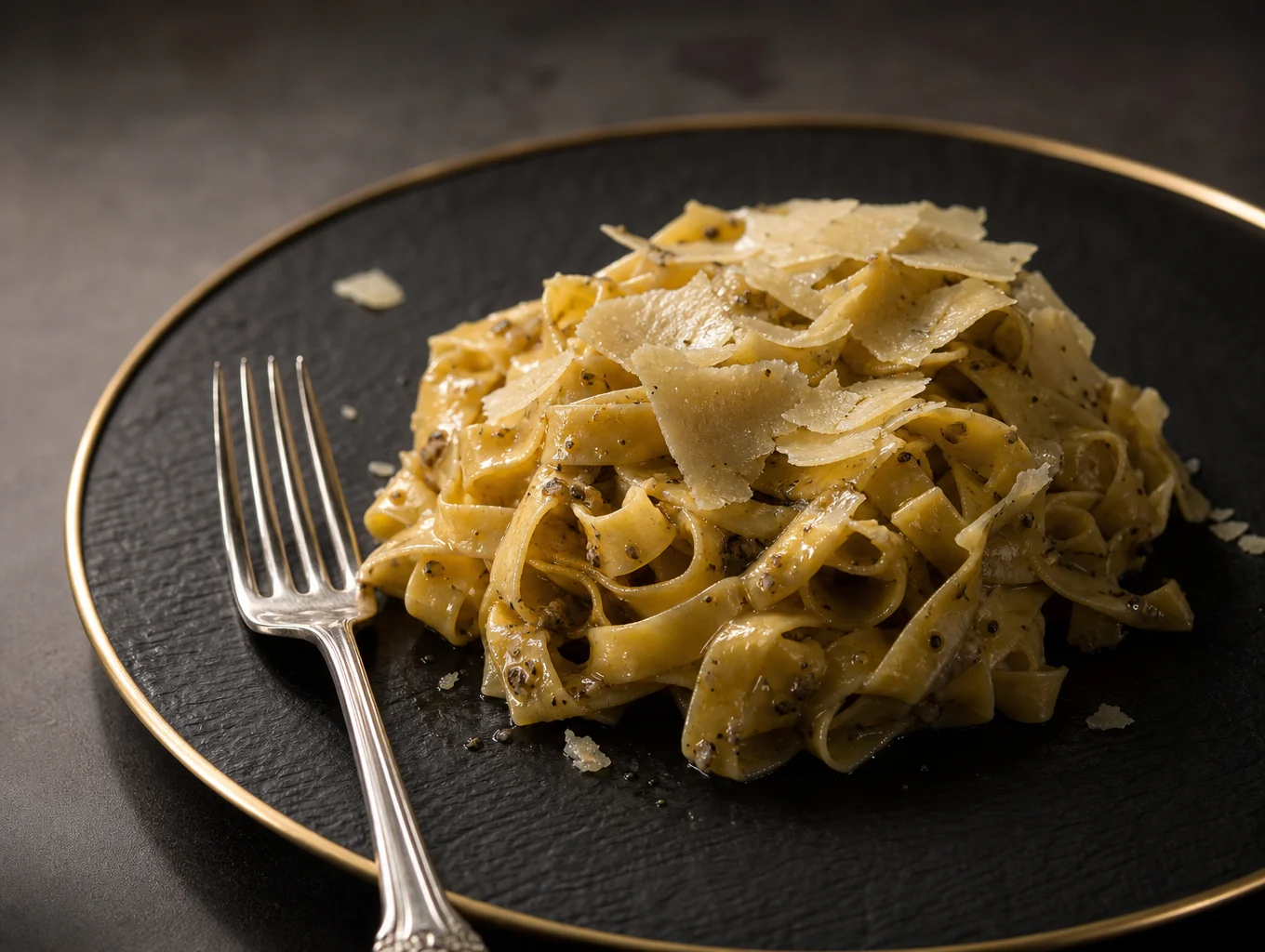 Handmade tagliolini pasta with black truffle shavings and melted butter