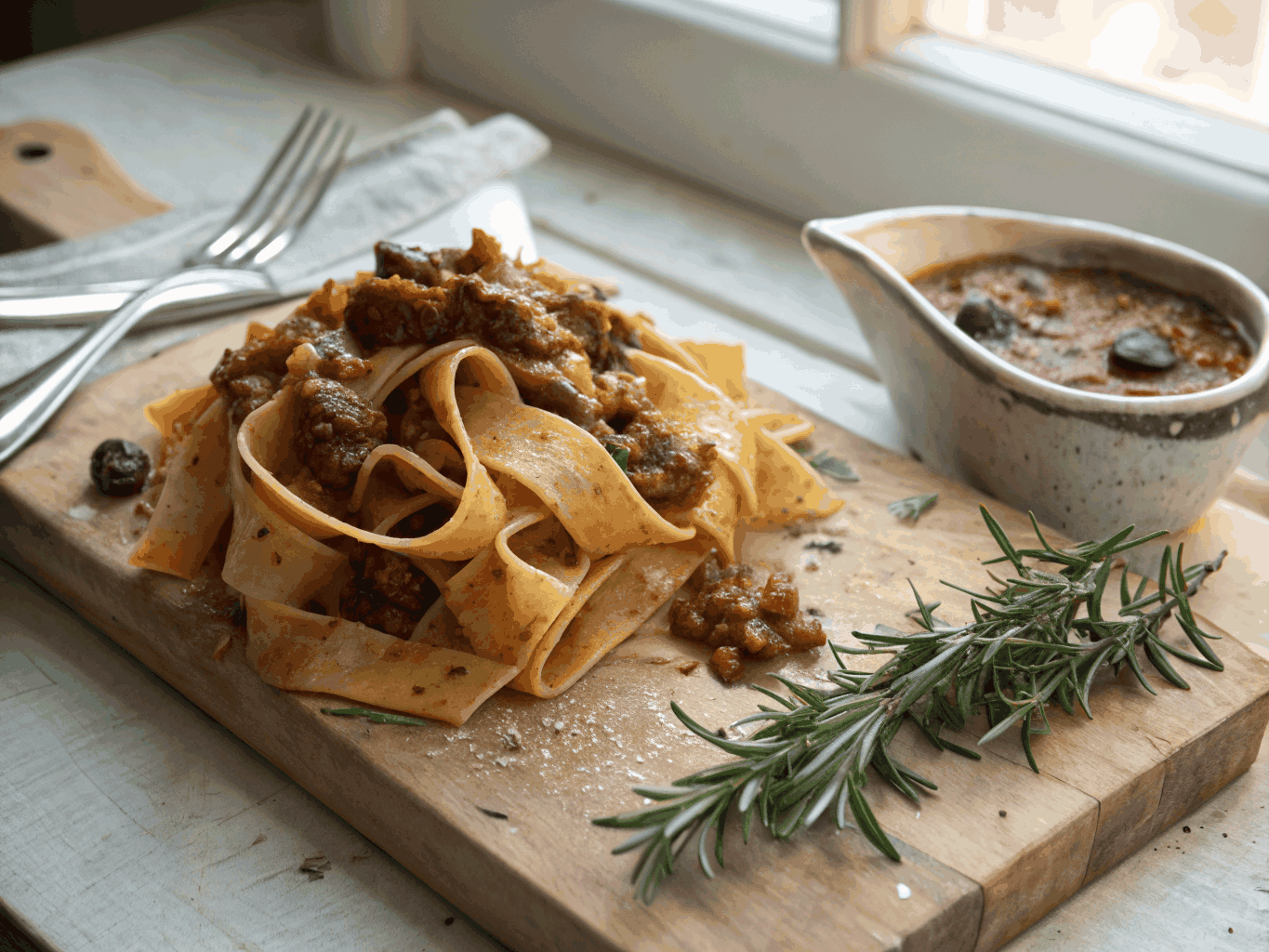 Broad ribbon pappardelle pasta covered in rich wild boar ragu