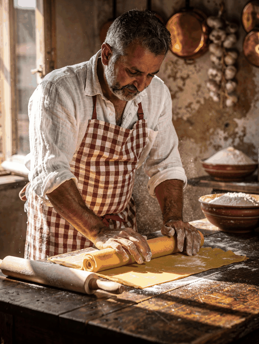 Master Pastaio Marco Valli hand-rolling delicate tagliolini pasta